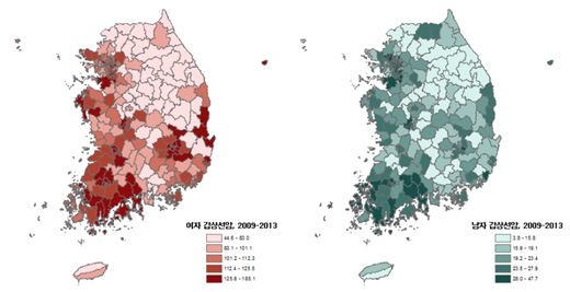 ▲2009~2013년 전국 시군구별 갑상선암 발생 지도(보건복지부)