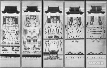▲전체 10폭으로 1902년 고종의 51세 생일잔치를 묘사한 임인진연도병(壬寅進宴圖屛) 중 6~10폭.  
