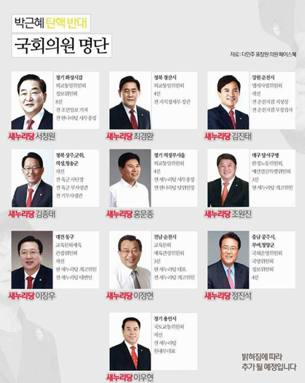 ▲표창원 트위터에 게재된 대통령 탄핵 반대 국회의원 명단(사진=표창원 SNS)