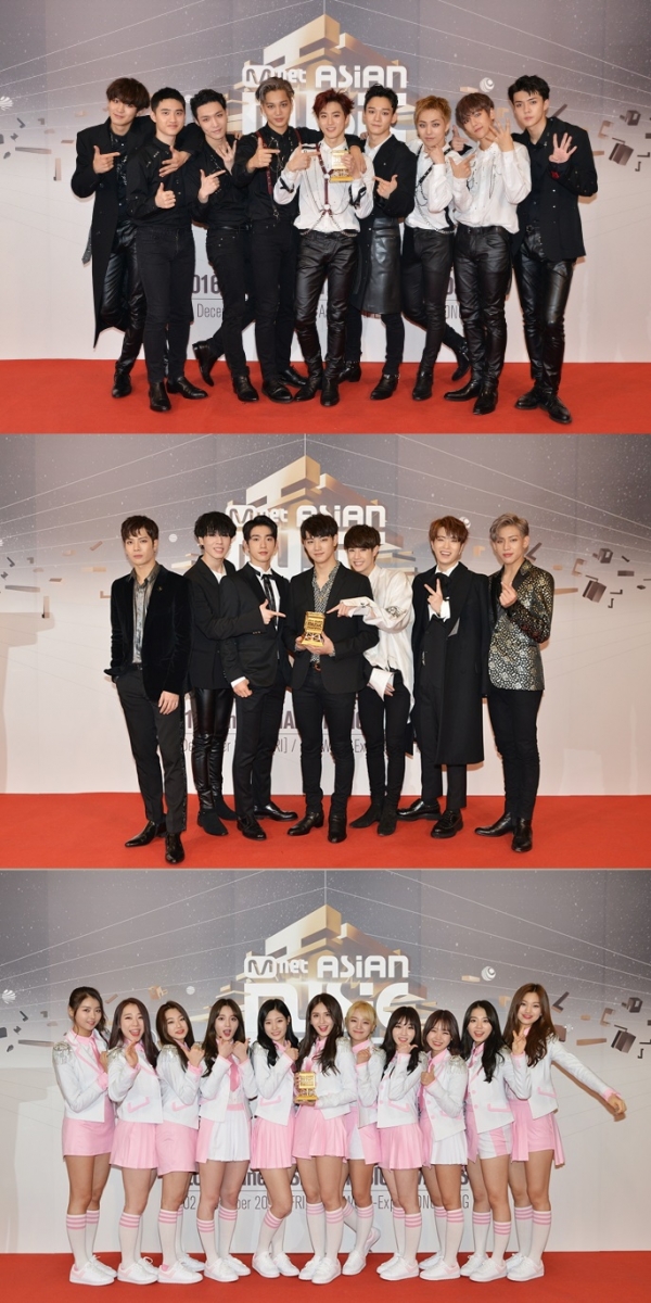 ▲엑소 갓세븐 아이오아이(위부터 순서대로)(사진=CJ E&M)