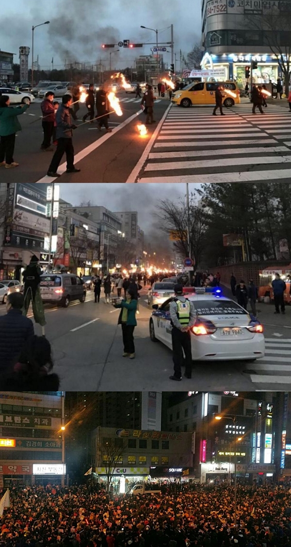 ▲김진태 새누리당 의원의 춘천 사무실 앞에 시민들이 모여 분노를 표출했다.(사진=온라인 커뮤니티)