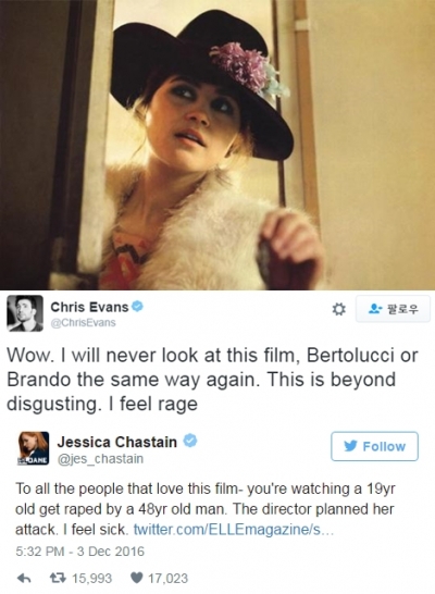 (사진=영화 '파리에서의 마지막 탱고' 스틸컷, 크리스 에반스 트위터, 제시카 차스테인 트위터)