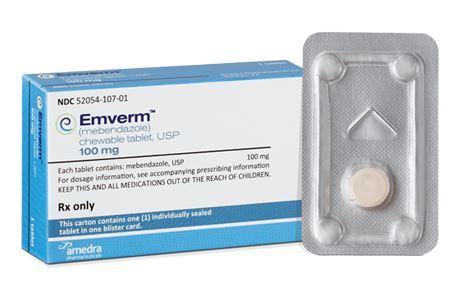 ▲미국 제약사 임팩스래버러터리스가 올해부터 ‘엠범(Emverm)’이라는 브랜드로 판매하는 기생충약 메벤다졸. 출처 엠범 웹사이트 