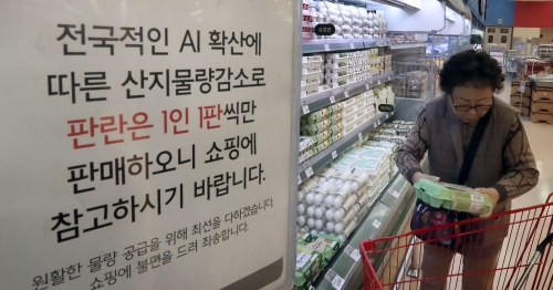 ▲롯데마트 서울역점 계란코너에 '1인1판'을 알리는 안내문이 걸려 있다.(사진=연합뉴스)