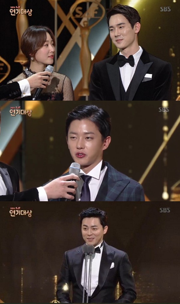 ▲수상의 기쁨을 누린 배우 서현진 유연석, 김민석, 조정석(사진=2016 SBS 연기대상 방송화면 캡처)