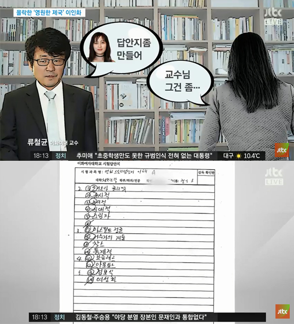 ▲2일 방송된 JTBC '정치부회의'에서 정유라 이대 시험 답안지 조작에 대해 언급했다.(사진=JTBC)