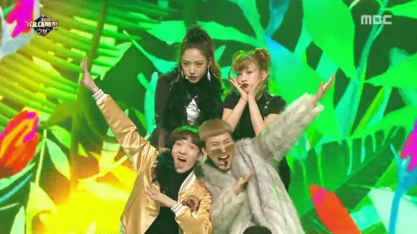 ▲에이핑크 보미-남주와 비투비 창섭-은광의 합동 무대(사진=MBC '가요대제전' 방송화면)