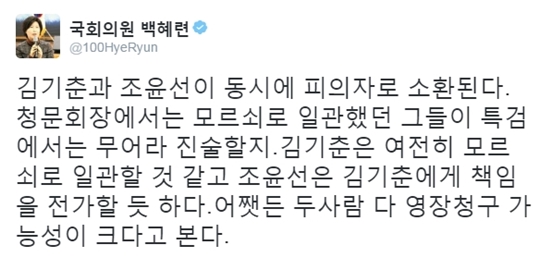 ▲백혜련 더불어민주당 의원 SNS(사진=백혜련 트위터)