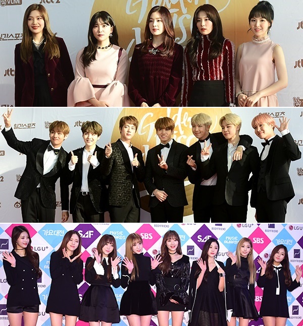 ▲(상단부터) 그룹 레드벨벳, 방탄소년단, 러블리즈(사진=윤예진 기자 yoooon@)