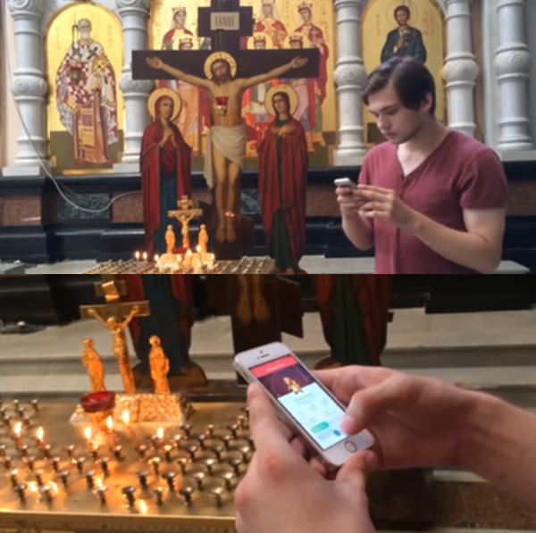 (지난해 8월 20대 남성이 러시아 남부 예카테린부르크의 한 교회에서 '포켓몬고'를 즐기던 장면을 유튜브에 올려 경찰에 체포됐다. /출처=유튜브 '루슬란 소코로브스키')