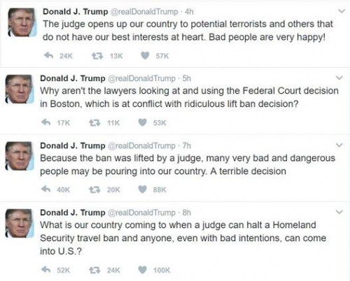 ▲도널드 트럼프 대통령이 4일(현지시간) 반이민 행정명령에 제동을 건 미국 법원의 결정을 비판하는 트윗을 올렸다. 사진=트럼프 트위터 캡처