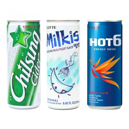▲롯데칠성음료 칠성사이다(사진 왼쪽부터), 밀키스, 핫식스 제품. 