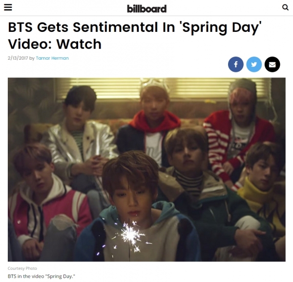 ▲빌보드가 게재한 방탄소년단 '봄날' MV 기사(사진=빌보드 홈페이지)
