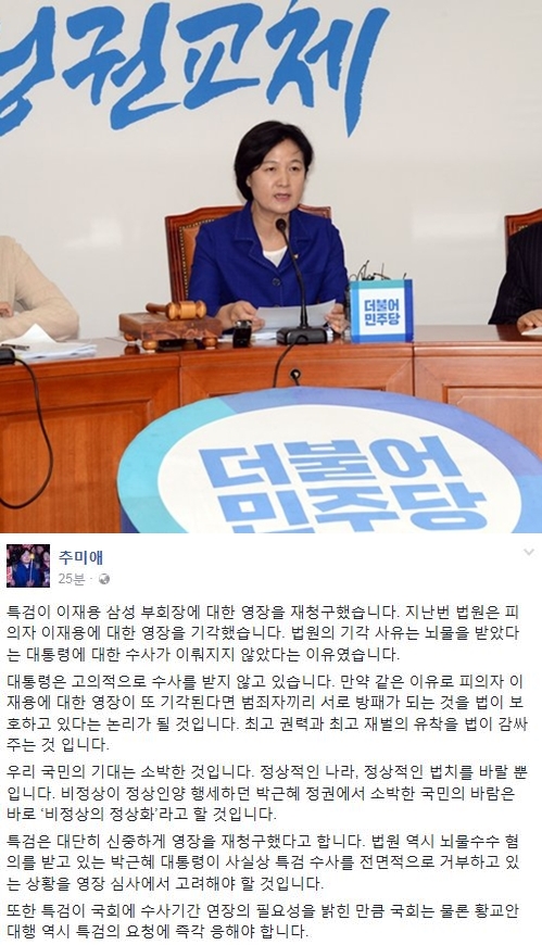 ▲추미애 더불어민주당 대표(사진=추미애 페이스북)