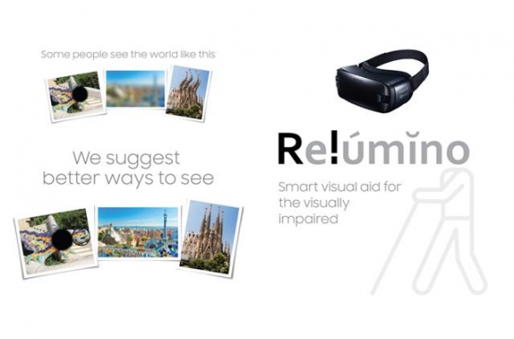 ▲삼성전자의 사내벤처 기어뷰앤드리드팀이 개발한 릴루미노와 VR 기기 모습. 왼쪽은 시각 장애인과 정상인, 앱 적용 후의 시력을 비교한 사진.  (사진제공=삼성전자)
