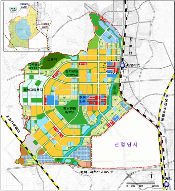 ▲고덕신도시 토지이용계획도. 검은 원 안이 사업지역.(자료=경기도시공사)