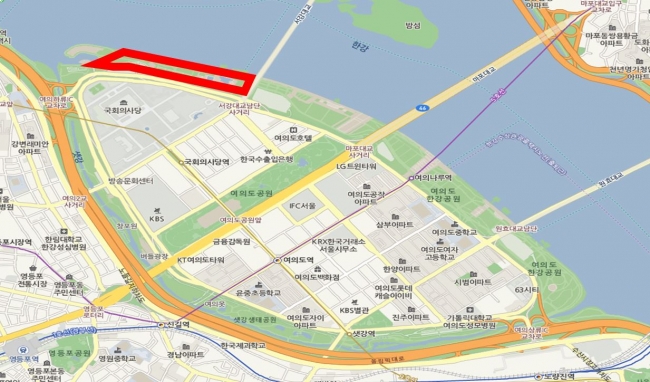 ▲서울시 한강사업본부는 여의도한강공원의 서강대교에서 서울마리나까지 이어지는 구간(사진 속 붉게 표시된 곳)에 ‘여의도 이용숲’을 조성한다고 14일 밝혔다.(사진제공=서울시)