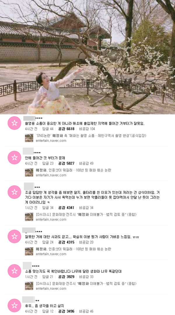 ▲17일 예정화의 명물 훼손 논란에 누리꾼들의 비판이 이어졌다. (사진=인스타그램)