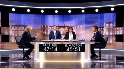 ▲오는 7일(현지시간) 프랑스 대선 결선 투표를 앞두고 3일 에마뉘엘 마크롱 후보와 마린 르펜 후보가 마지막 TV토론을 했다. 출처 = AFP연합뉴스