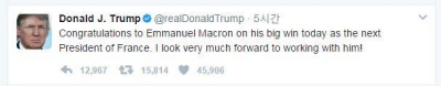 ▲도널드 트럼프 미국 대통령이 7일(현지시간) 에마뉘엘 마크롱 프랑스 대통령 당선인에게 축하 메시지를 전했다. 출처 = 트럼프 트위터