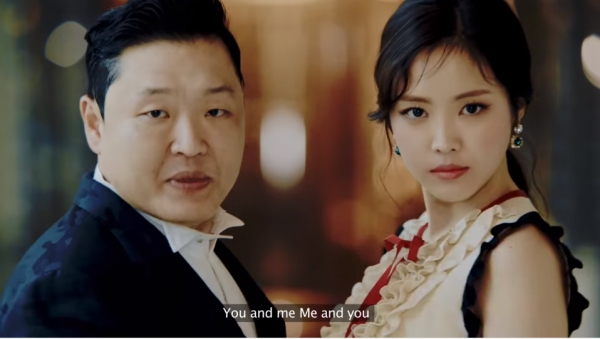 ▲가수 싸이(왼쪽)와 손나은(사진='뉴페이스' MV)