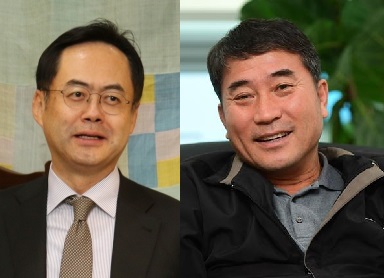 ▲정준 쏠리드 회장(왼쪽)과 남민우 다산그룹 회장. 