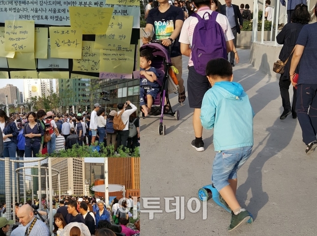 ▲보행길을 표방한 '서울로 7017'이 보행하기가 불편하다는 점은 아쉬웠다. 시민들이 붙인 의견에는 '다 좋은데 길이 좁아서 불편하다'는 의견도 있었다(사진 왼쪽 상단). 좁은 공간에 설치된 무대나 트램펄린 등이 시민 보행에 방해를 주기도 했으며(사진 왼쪽 중단,하단), '씽씽이' 등의 보행수단을 타는 어린이에 대한 제지가 없어 불편이 야기되기도 했다. (김정웅 기자 cogito@)