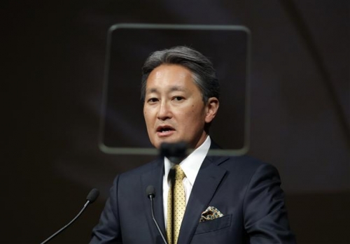 ▲소니의 히라이 가즈오 CEO가 23일(현지시간) 일본 도쿄에서 열린 경영방침 설명회에서 연설하고 있다. 도쿄/AP뉴시스