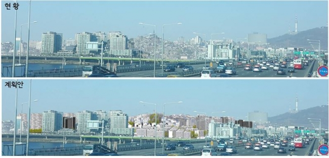 ▲서울 강북권의 알짜배기 땅으로 꼽히는 용산 한남3구역의 재개발 사업이 탄력을 받게 됐다. 한남대교 남단에서 한광교회가 바라보이는 지역은 기존 풍경이 유지될 수 있도록 한남대교에서 보이는 구간(사진)을 저층으로 계획했다.(사진제공=서울시)