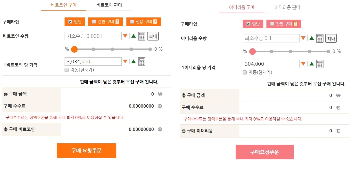 ▲비트코인(BTC)은 최소 구매수량은 0.0001이다. 반면, 이더리움(ETH)의 경우 최소 구매수량은 0.1부터 시작한다.(사진=빗썸 홈페이지)