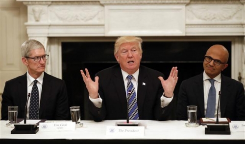 ▲도널드 트럼프(가운) 미국 대통령이 19일(현지시간) 백악관에서 IT 기업 수장들과 회동하고 있다. 왼쪽은 팀 쿡 애플 CEO. 오른쪽은 사티아 나델라 마이크로소프트(MS) CEO. 워싱턴/AP뉴시스