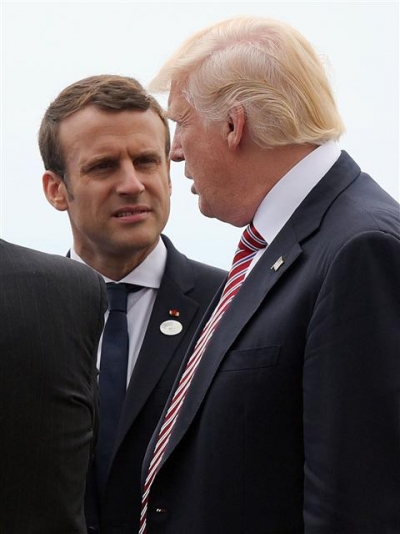 ▲지난 5월 26일 이탈리아에서 열린 G7 정상회의 당시 만난 에마뉘엘 마크롱 프랑스 대통령(왼쪽)과 도널드 트럼프 미국 대통령(오른쪽). 출처 = AFP연합뉴스