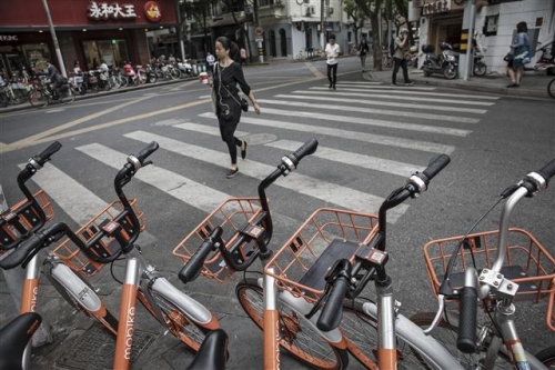 ▲중국 상하이의 한 거리에 모바이크의 자전거들이 세워져 있다. 블룸버그 