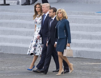▲도널드 트럼프 미국 대통령 부부(왼쪽)가 에마뉘엘 마크롱 프랑스 대통령 부부(오른쪽)을 지난 13~14일 프랑스 파리에서 만났다. 사진=AP연합뉴스