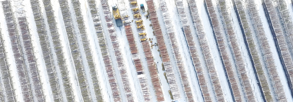 ▲통나무로 쌓아올린 황태덕장도 드론으로 내려다보면 작은 성냥개비처럼 보인다.최유진 기자 strongman55@