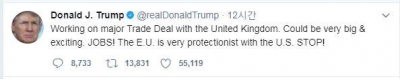 ▲도널드 트럼프 미국 대통령이 25일(현지시간) 영국과의 무역 협상이 기대된다고 자신의 트위터에 썼다. 출처 = 트럼프 트위터 캡쳐