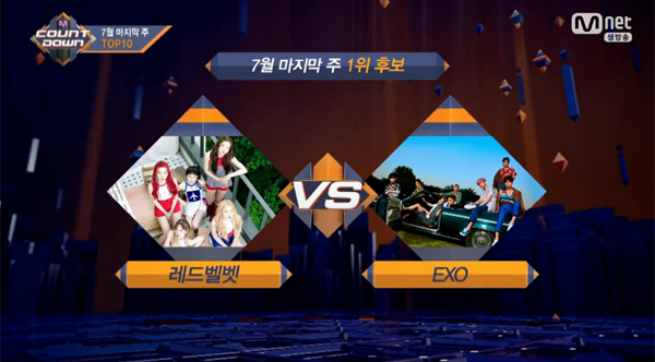 ▲'엠카운트다운' 534회 1위 후보 레드벨벳-엑소(사진=Mnet)