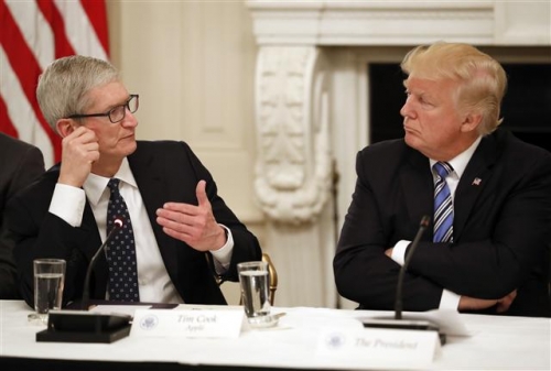 ▲팀 쿡(왼쪽) 애플 최고경영자(CEO)와 도널드 트럼프 미국 대통령이 지난 6월 워싱턴D.C 백악관에서 미국 기술위원회 회의에서 서로 대화하고 있다. 사진=AP뉴시스
