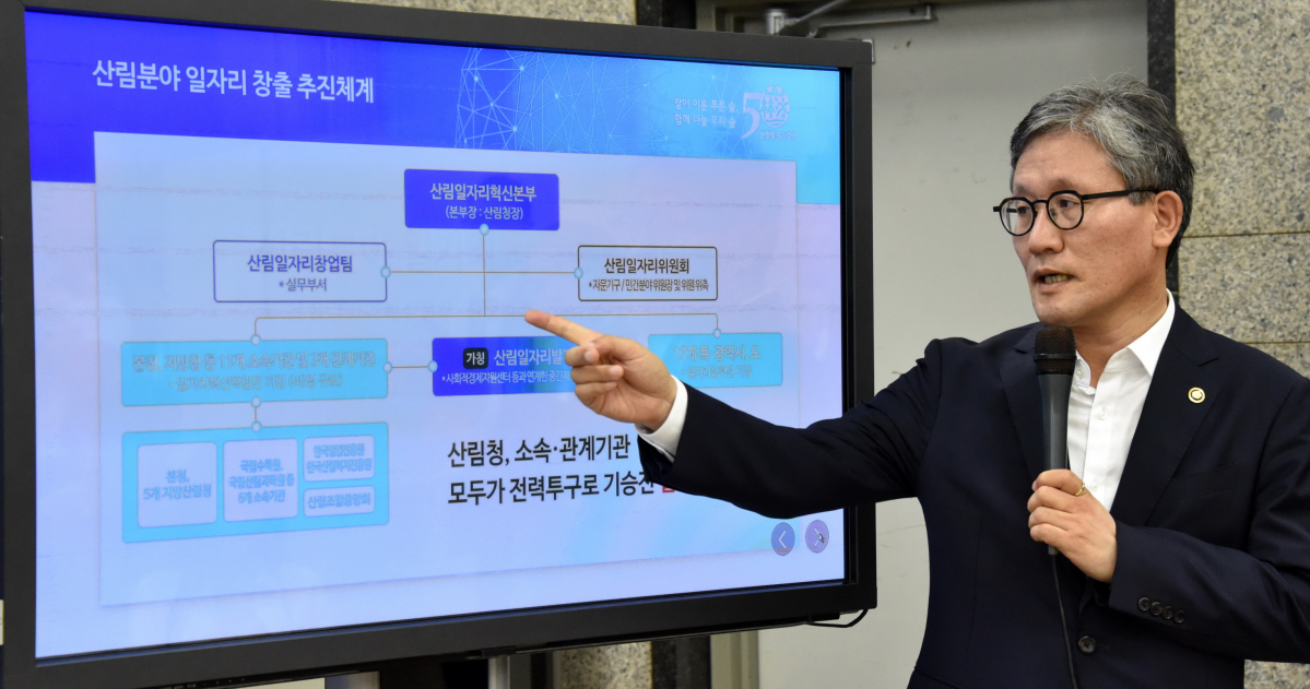 ▲김재현 산림청장이 11일 정부대전청사 기자실에서 산림분야 일자리 창출 추진대책을 발표하고 있다.(산림청)