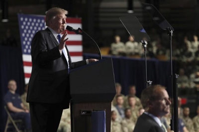 ▲도널드 트럼프 미국 대통령이 21일(현지시간) 버지니아주 포트마이어 기지에서 아프간 추가 파병을 발표했다. 사진=AP/연합