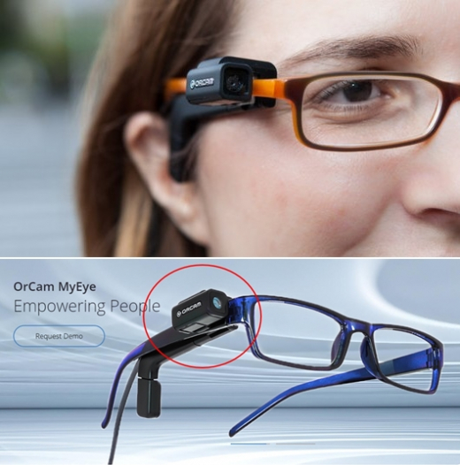 ▲저시력 장애인을 돕기 위한 다양한 IT기술이 등장하고 있다. 사진은 안경 옆에 장착한 초소형 문자인식 카메라. 안경에 착용하고 책을 보면 책 내용을 이어폰으로 읽어준다. (출처=ORCAM)