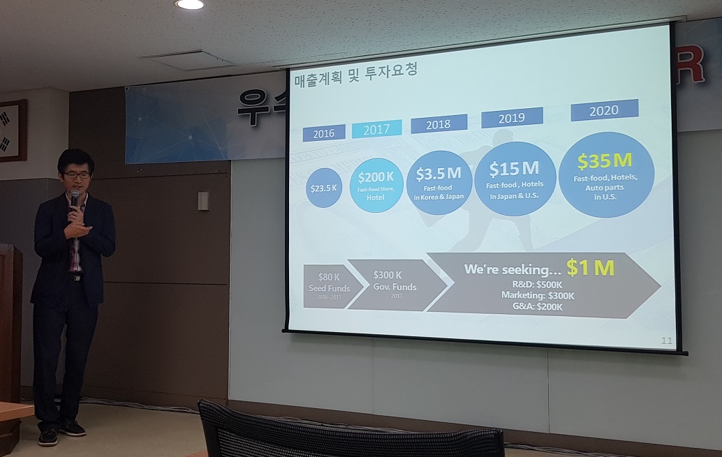 ▲이날 피칭한 로보러스 김대훈 대표는 “국내에서도 여러군데 매장에 영업중이지만, ‘프랜차이즈 제국’인 미국과 일본과 같은 해외시장에 주력할 계획”이라며 “4.5조 해외 수요의 10%를 공략하는 것이 목표”라고 밝혔다.(사진=이투데이DB)