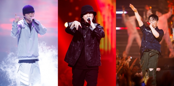 ▲'쇼미더머니6' 파이널 무대 진출자들 (왼쪽부터) 우원재, 넉살, 행주(사진=Mnet)