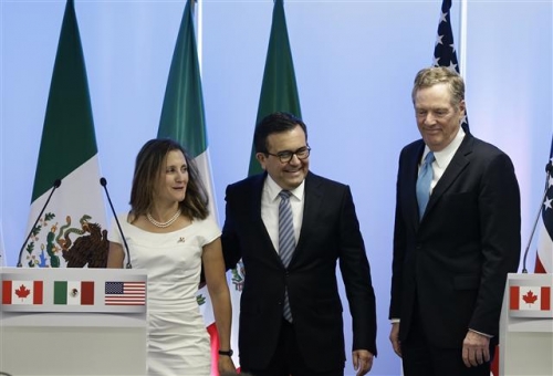 ▲크리스티아 프리랜드(맨 왼쪽) 캐나다 외교부 장관, 일데폰소 과하르도(가운데) 멕시코 경제부 장관, 로버트 라이트하이저 미국 무역대표부(USTR) 대표가 5일(현지시간) 멕시코시티에서 열린 나프타 2차 협상을 마친 후 기자회견에 참석한 모습. 사진=AP뉴시스