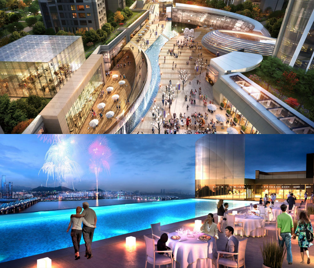 ▲디에이치 클래스트의 '아케이드 커뮤니티'는 오페라하우스, 아이스링크 등 다양한 편의시설을 갖추고 있고 자이 프레진더스의 '스카이 커뮤니티'는 '스카이 인피니티 풀'을 야심작으로 내놓았다. (사진제공 위 현대건설, 아래 GS건설)