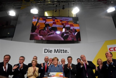 ▲앙겔라 메르켈 독일 총리가 24일(현지시간) 기독교민주당(CDU) 당사에서 소감을 발표하고 있다. (베를린/EPA연합뉴스)