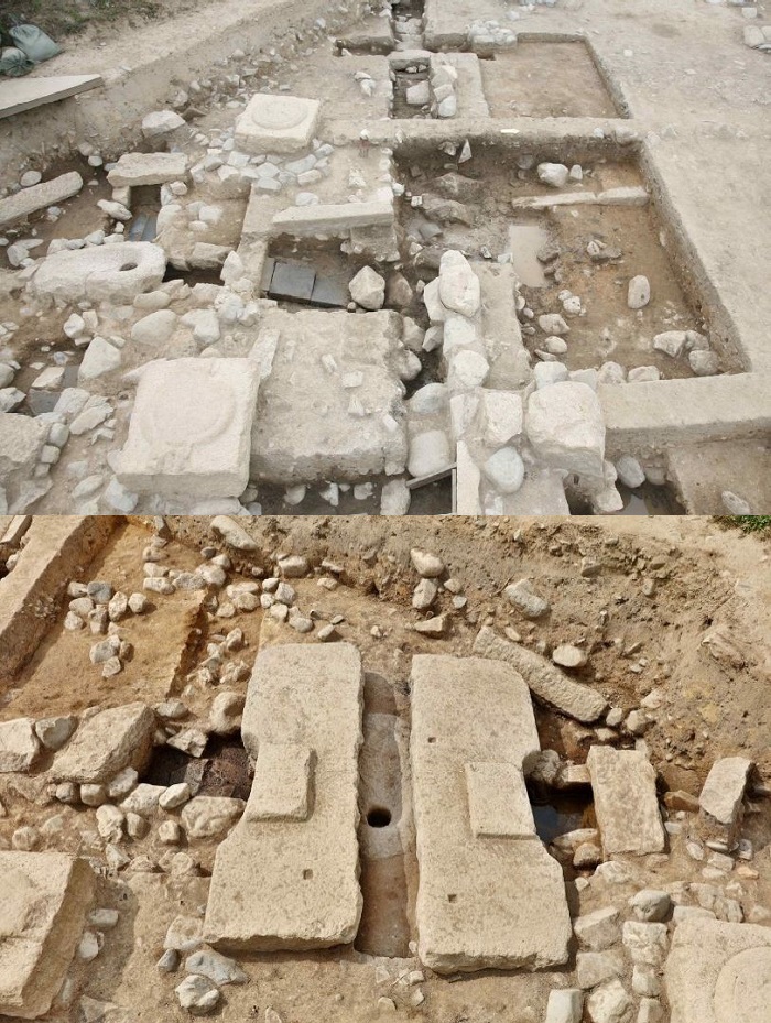 ▲변기 시설 및 배수시설 연결 모습(왼쪽)과 변기형 석조물.(사진제공=문화재청)