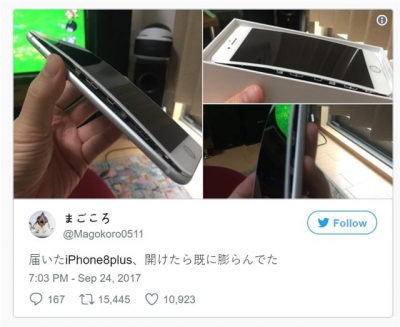 ▲지난달 24일 한 일본 네티즌이 아이폰8플러스의 배터리가 부푼 사진을 트위터에 올렸다. 사진 제공 = 트위터 화면 캡처
