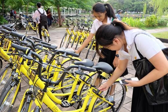 ▲중국 자전거공유서비스 업체 오포(ofo)가 태국 방콕에 소재한 타마삿대학 캠퍼스 내에서 자전거 공유 시범사업을 시작해 캠퍼스 내에 자전거가 주차된 모습. 사진=닛케이사이안리뷰