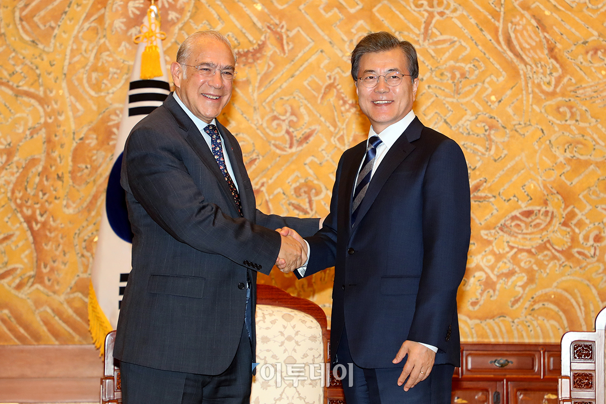 ▲문재인 대통령이 19일 오후 청와대 본관 접견실에서 호세 앙헬 구리아 OECD 사무총장을 접견하고 있다.(사진제공=청와대)